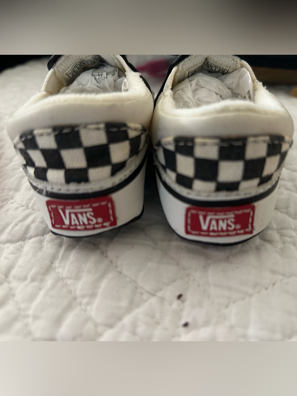 Vans Checkerboard Slip-On Sneakers - Black, White & Red Heel Logo